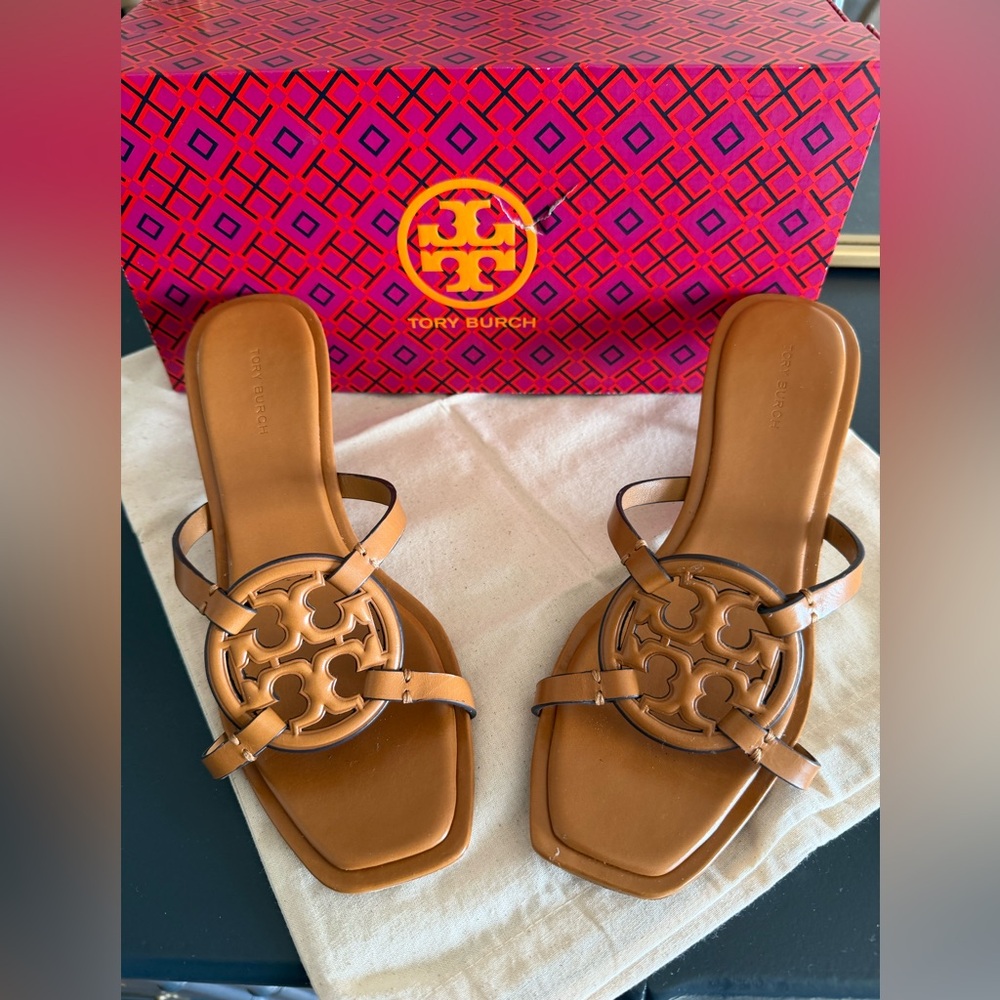 Tory Burch Tan Leather Miller Logo Slide Sandals